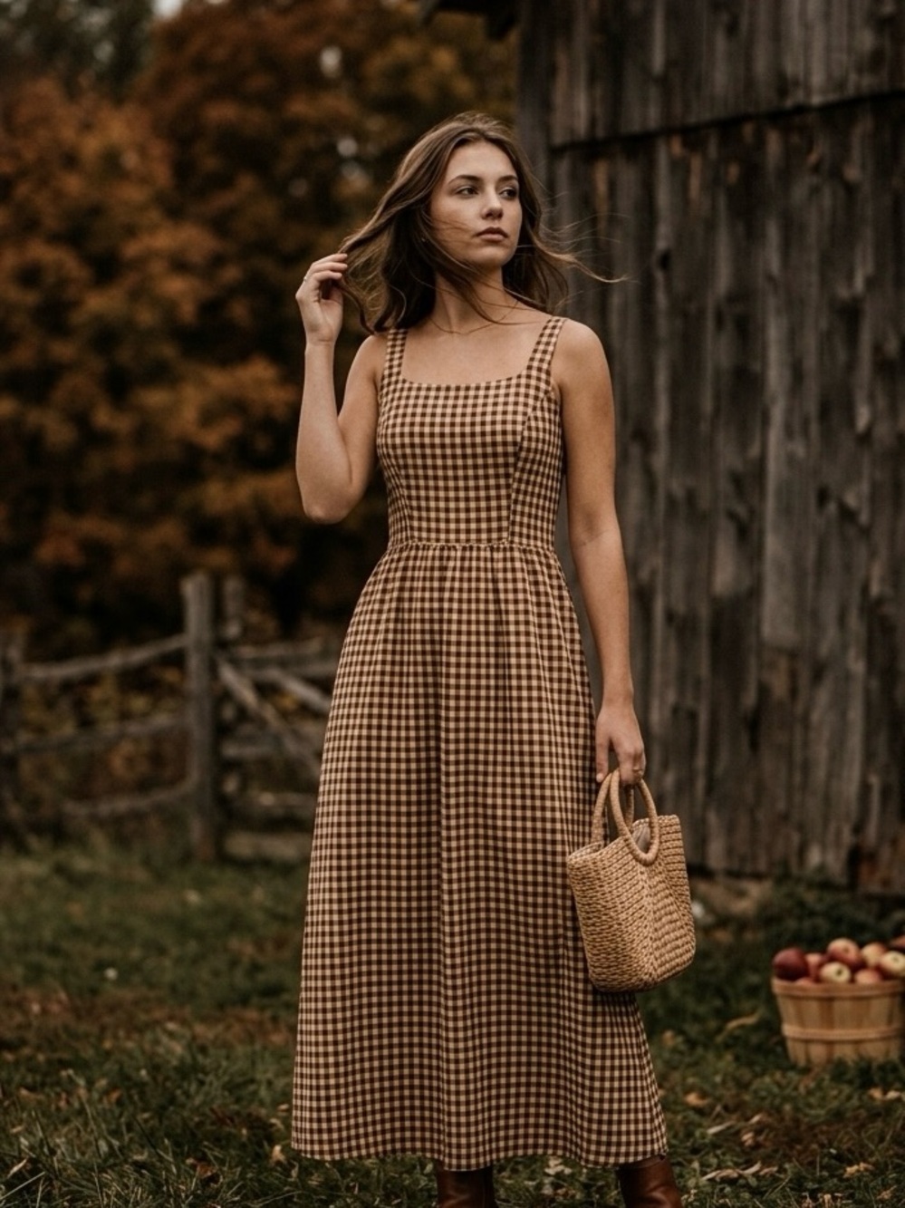 Square neck brown midi gingham dress